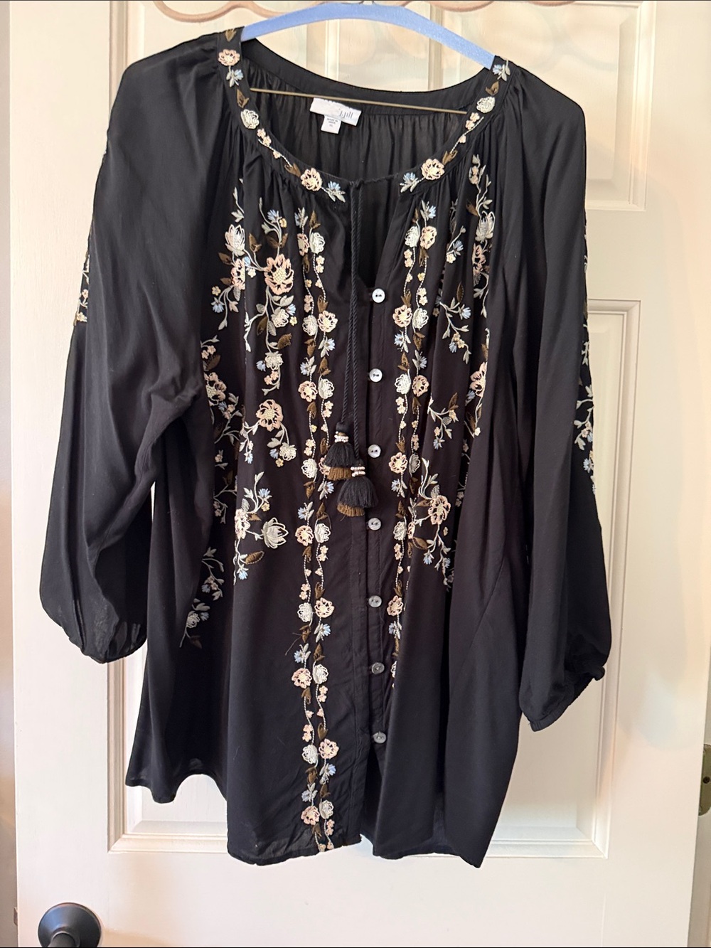 J. Jill Black Embroidered Peasant Blouse with Cream & Light Blue Floral Detail